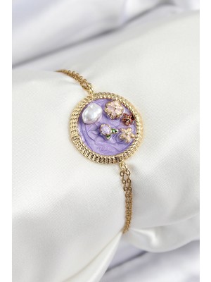 Lims Store 316L Çelik Zincir Mor Mineli Sanatsal Portre Inci Detaylı Çiçek Model Gold Renk Kadın Bileklik
