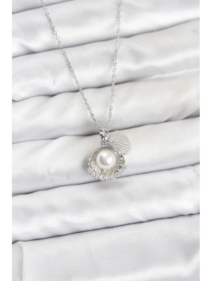 Lims Store 316L Çelik Zincir Gümüş Renk Incili Deniz Kabuğu Model Zirkon Taşlı Kadın Kolye