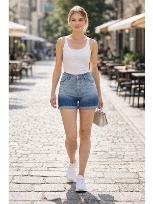 Kadın Varşova Mavi Yüksek Bel Duble Paça Kot Şort Klasik Mini Jean Şort C604