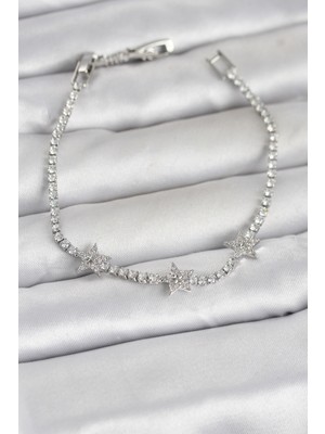Lims Store Pirinç Gümüş Renk Minimal Yıldız Model Zirkon Taşlı Su Yolu Kadın Bileklik