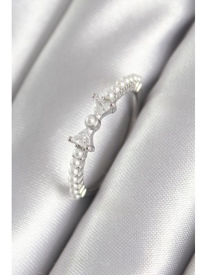 Lims Store Pirinç Gümüş Renk Zirkon Taşlı Kurdele Model Inci Detay Kadın Yüzük