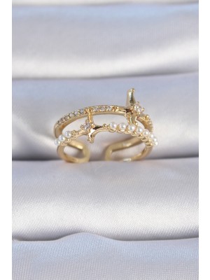 Lims Store Pirinç Gold Renk Zirkon Taşlı Inci Detay Kutup Yıldızı Model Kadın Yüzük