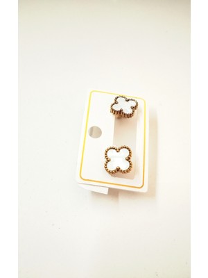 PremiumPort Parlak Beyaz Altın Renk Çelik Yonca Tasarımlı Küpe