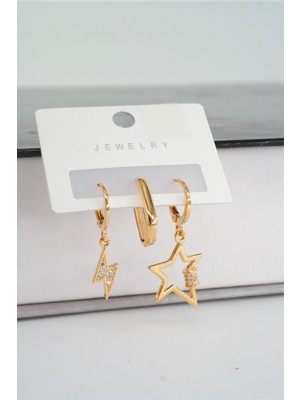 PremiumPort Kadın 3'lü Zirkon Yıldız ve Şimşek Figürlü Küpe Seti