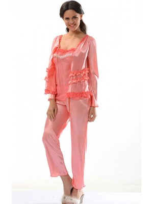 Pileli Store Nar Çiçeği Saten Pijama Takımı - 1413