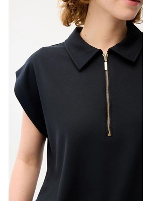 Love My Body Yakalı Fermuar Detaylı Tshirt Siyah 175L9925000