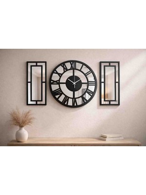 Ergeç Tasarım 3 Parça Aynalı Duvar Saati Seti 40 cm – Siyah Modern Salon Duvar Dekoru Panel Set
