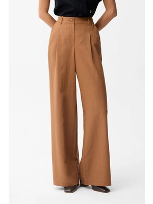 adL Pileli Keten Pantolon Camel 15345028002