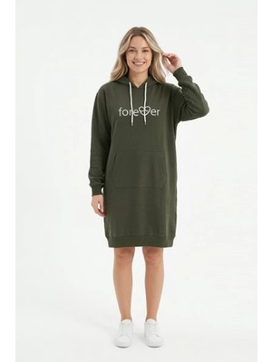buğrahayalin Kadın Haki Forever Baskılı Kapüşonlu Kanguru Cepli Uzun Sweatshirt Tunik Elbise