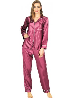 Pileli Store Mor Saten Pijama Takımı - 1613