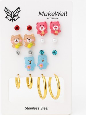 PremiumPort Renk Atmaz Çelik Ayıcıklı Kuromi Tasarımlı Halka Küpe 9'lu Set