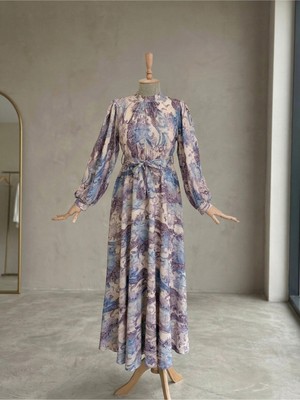 Morvarid Desenli Tessetür Elbise Rahat Kumaş Astarlı