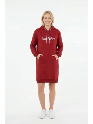 buğrahayalin Kadın Bordo Forever Baskılı Kapüşonlu Kanguru Cepli Uzun Sweatshirt Tunik Elbise