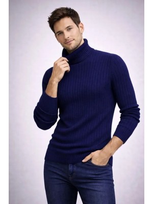 Buğrahayalin Erkek Balıkcı Yaka Bağazlı Triko Kazak Pamuklu Kalın Fitilli Dokuma, Regular Fit Uzun Kollu Kışlık Model - Lacivert