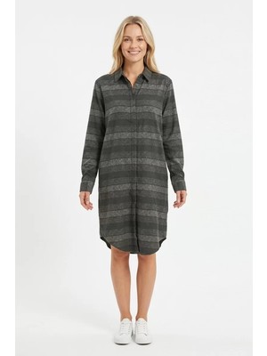 buğrahayalin Kadın Haki Yatay Çizgili Boydan Düğmeli Uzun Kollu Gömlek Tunik Elbise