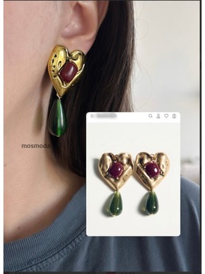 PremiumPort Zarif Yeşil ve Bordo Renkli Şık Sadelikli Küpe