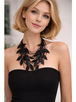 Kutcha Accessories Siyah Deri Yaprak Şık Tasarım Kolye