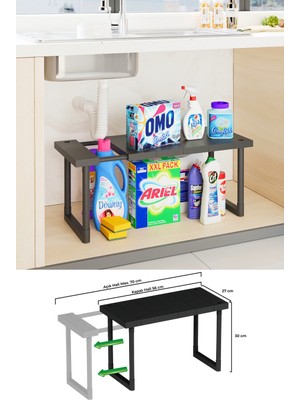 İndecor Houseware Plastik Genişletilebilir Raf Ayarlanabilir Düzenleyici Mutfak Banyo Düzenleyici - Tek Katlı - Siyah
