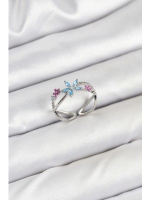 Najmaddin Mey Ithalat® Pirinç Gümüş Renk Zirkon Taşlı Mavi Çiçekli Kadın Yüzük