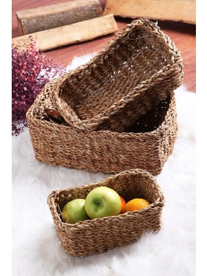 3'lü Set Hasır Sepet Meyve Ekmek Sepeti