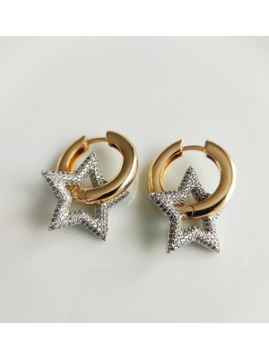 PremiumPort Gold Renk Yıldız Zirkon Taşlı Modern Halka Küpe