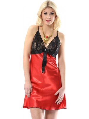 Pileli Store Kırmızı Dantelli Saten Gecelik - M-383