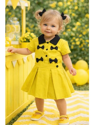 Lina Baby Bloomm Kız Çocuk Hardal Sarı Fiyonk Detaylı Elbise Siyah Yakalı Şık Elbise