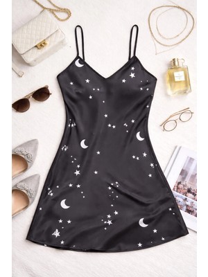 TeknoKapsül Yıldızlı Gökyüzü Desenli Askılı Saten Gecelik TM1387