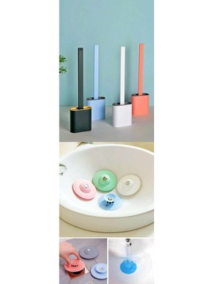 2'li Set Bükülebilir Silikon Tuvalet Fırçası Seti ve Lavabo Küvet Tıkacı Süzgeç Silikon