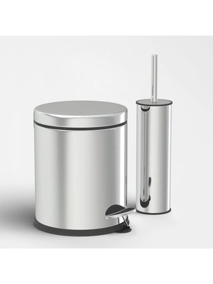 Byanes Paslanmaz Çöp Kovası 5 Lt Parlak Klozet Fırçası 2'li Banyo Seti Modern Tasarım