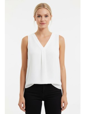 Droptan Kadın V Yaka Önü Pileli Kolsuz Dökümlü Rahat Kesim