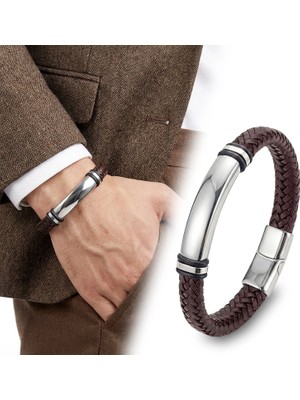Moncuk Design Isim Yazılabilir Kahverengi Deri ve Bayaz Titanyum Kilit Bileklik 33513B15D12