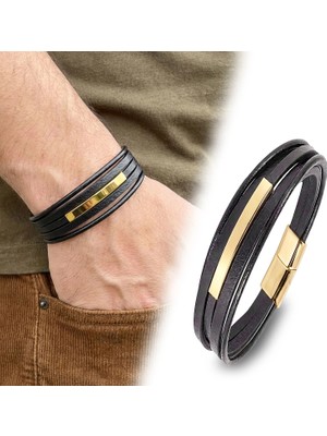 Moncuk Design Isim Yazılabilir Sarı Titanyum Plakalı Çoklu Siyah Deri Erkek Bileklik 33514B28D11