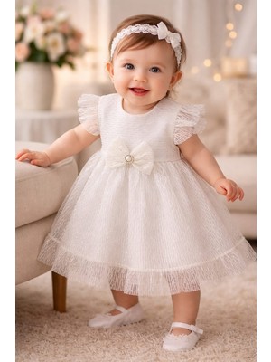 Lina Baby Bloomm Kız Bebek Beyaz Tül Elbise Fiyonk Detaylı Mevlüt & Özel Gün Elbisesi