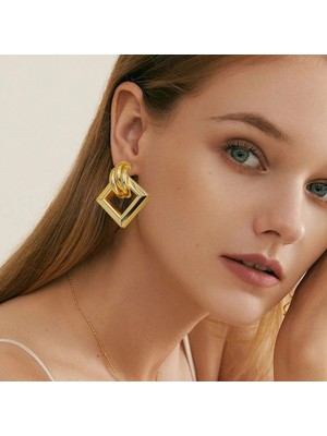 PremiumPort Şık 3 Katlı Kare Tasarım Kadın Çelik Küpe, Gold Renk, Moda Aksesuarı
