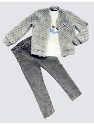 TeknoKapsül 4-5-6 Yaş Kot Pantolonlu Pilot Mont Uzun Kollu Penye Sweat 3lü Erkek Çuk Takımı Gri