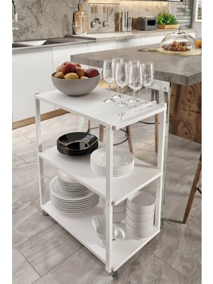 Beyaz Modern Dekoratif Mdf Ahşap Servis Sunum Arabası 3 Raflı Servant