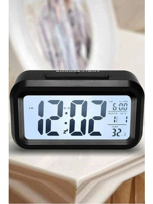 Isı Ölçer LCD Işıklı Sensörlü Termometreli Alarmlı Dijital Masa Saati Siyah