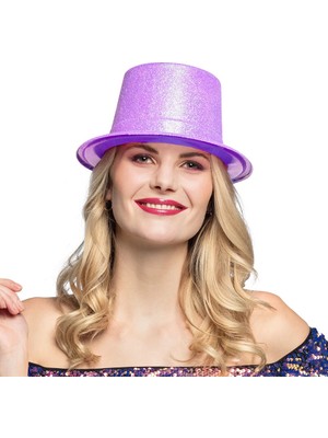 Najmaddin Mey Ithalat® Floresan Mor Renk Simli Uzun Fötr Melon Şapka 12 cm