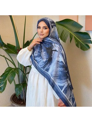 Revam Collection Desenli Pamuk Soft Şal Lacivert-Açık Mavi