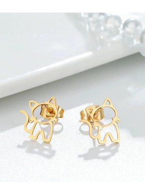 PremiumPort Mini Kedi Model Altın Renk Paslanmaz Çelik Küpe, Şık ve Zarif Tasarım