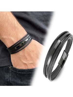 Moncuk Design Isim Yazılabilir Siyah Titanyum Plakalı Çoklu Siyah Deri Erkek Bileklik 33514B28D10