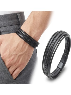 Moncuk Design Siyah Tüp Örgü ve Çoklu Deri Bileklik - Zamak Kilit 33513B2D2Z