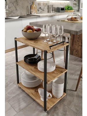 Kahve Modern Dekoratif Mdf Ahşap Servis Sunum Arabası 3 Raflı Servant