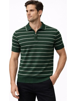Asmedo Erkek Triko Polo Yaka Fermuarlı Çizgili Tişört T-Shirt Yazlık Şık - Yeşil