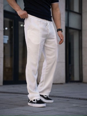 Asmedo Keten Cepli Çıma Dikişli Jogger Buggy Pantalon Rahat Kalıp - Beyaz