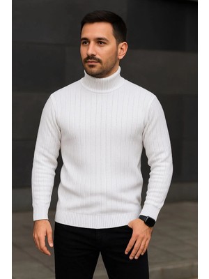 Asmedo Balıkcı Yaka Bağazlı Triko Kazak Pamuklu- Beyaz