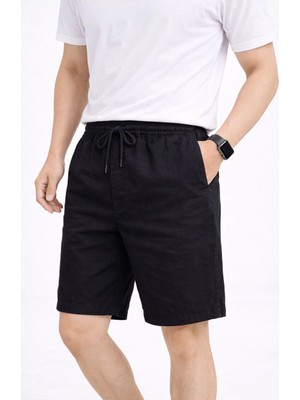 Asmedo Erkek Keten Kumaş Cepli Rahat Kesim Bel Lastikli Şort - Siyah