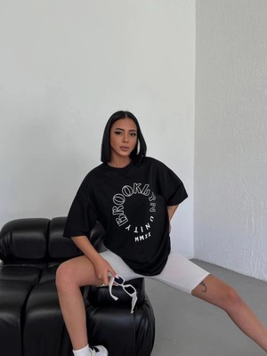 Asmedo Kadın Baskılı T-Shirt Kısa Kol Bisiklet Yaka Oversize Rahat Kalıp Günlük Tişört - Siyah