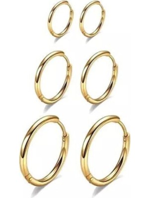 PremiumPort Şık 3'lü Altın Renk Halka Küpe Seti, Zarif ve Modern Takı Seçeneği